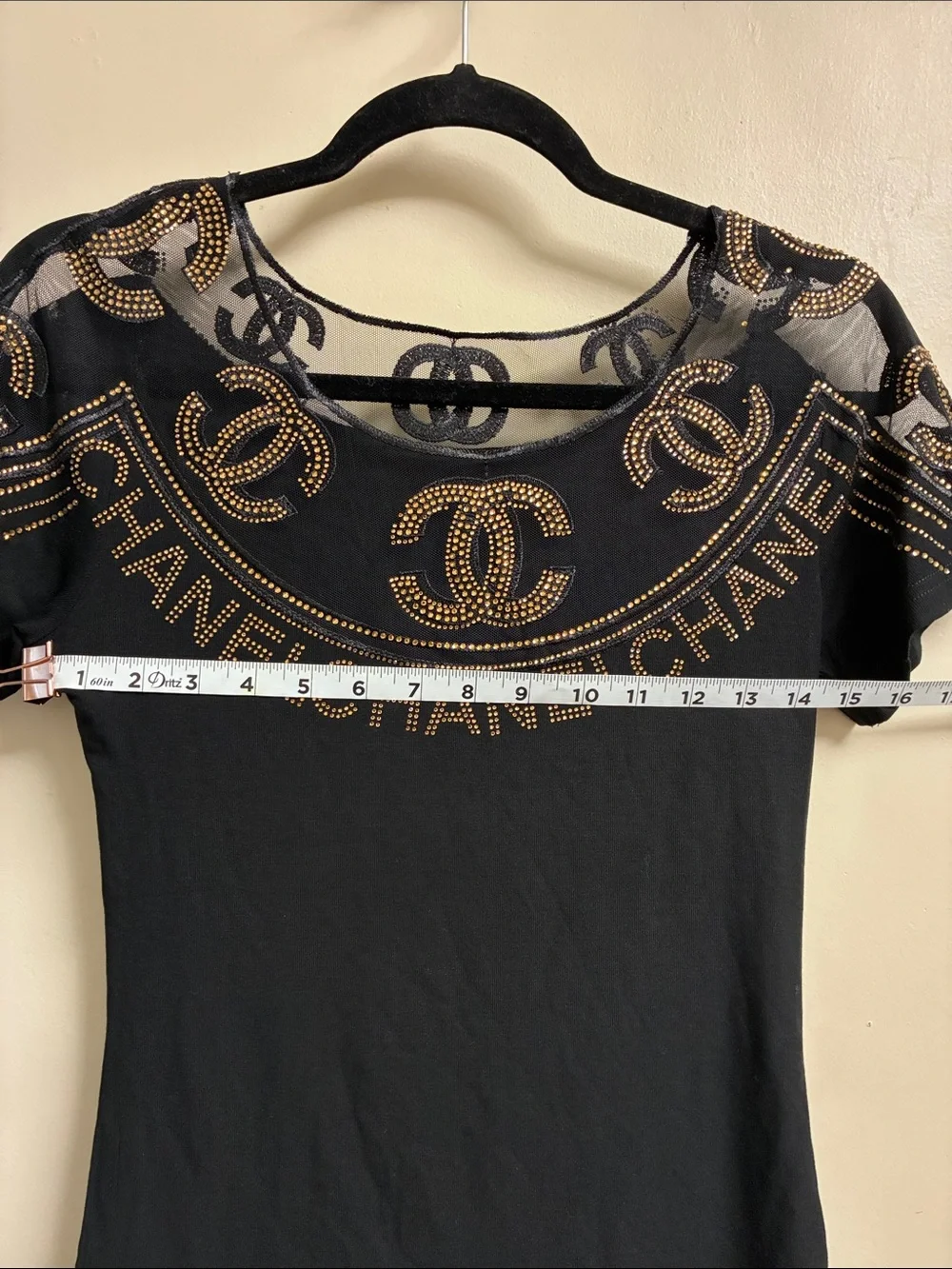 CHANEL Black Short Sleeve Logo Tee with Gold Stud Detailing